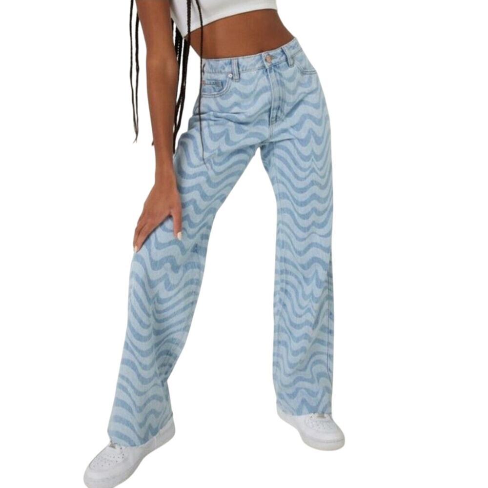 Garage Denim Zig Zag Jeans Sz 3 26 Lt Blue GROOVY Mom Frayed Wide Leg Boho Punk